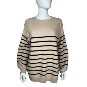 Women’s Lantern Sleeve Striped Beige & Black Sweater